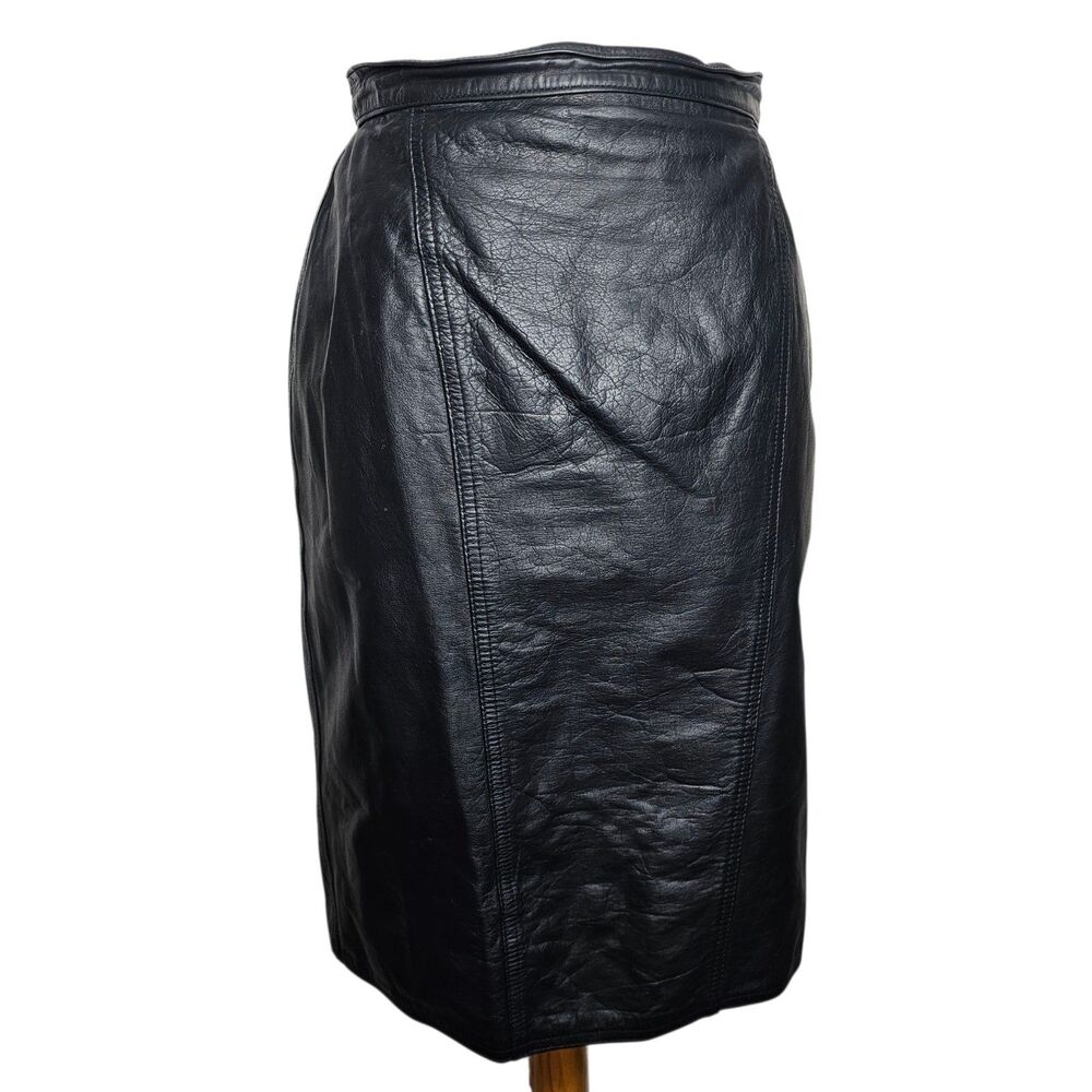 VTG 90s Winlit Black Genuine Leather Pencil Skirt Size 8 Waist 28” Edgy Minimal